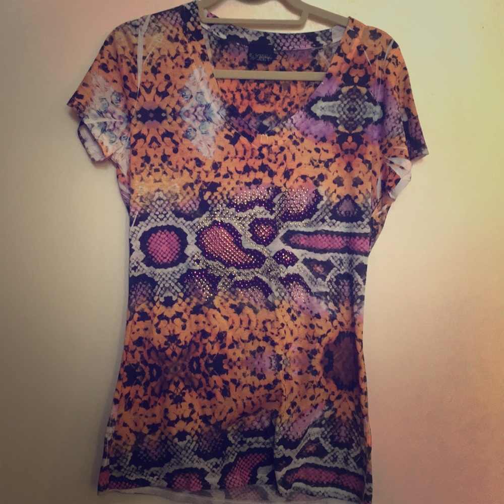 Snakeskin v neck shirt with rhinestone detailing